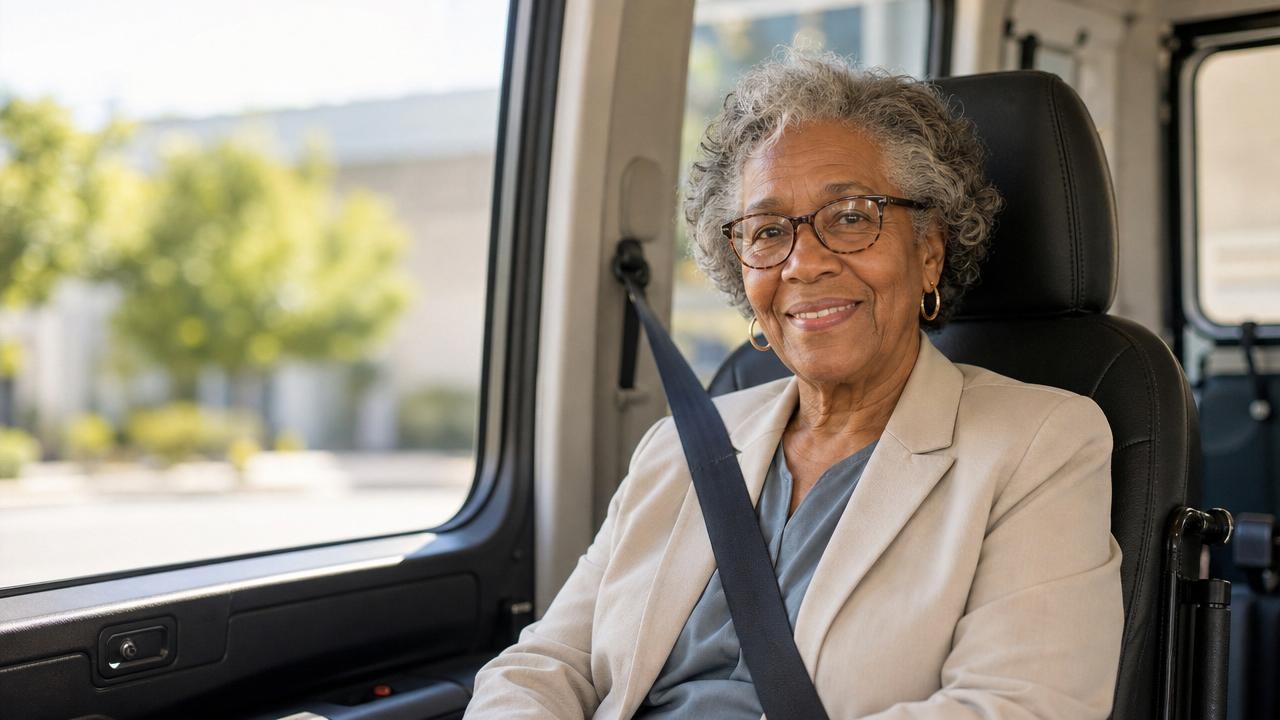 Older passenger seated comfortably with a standard vehicle seat belt
