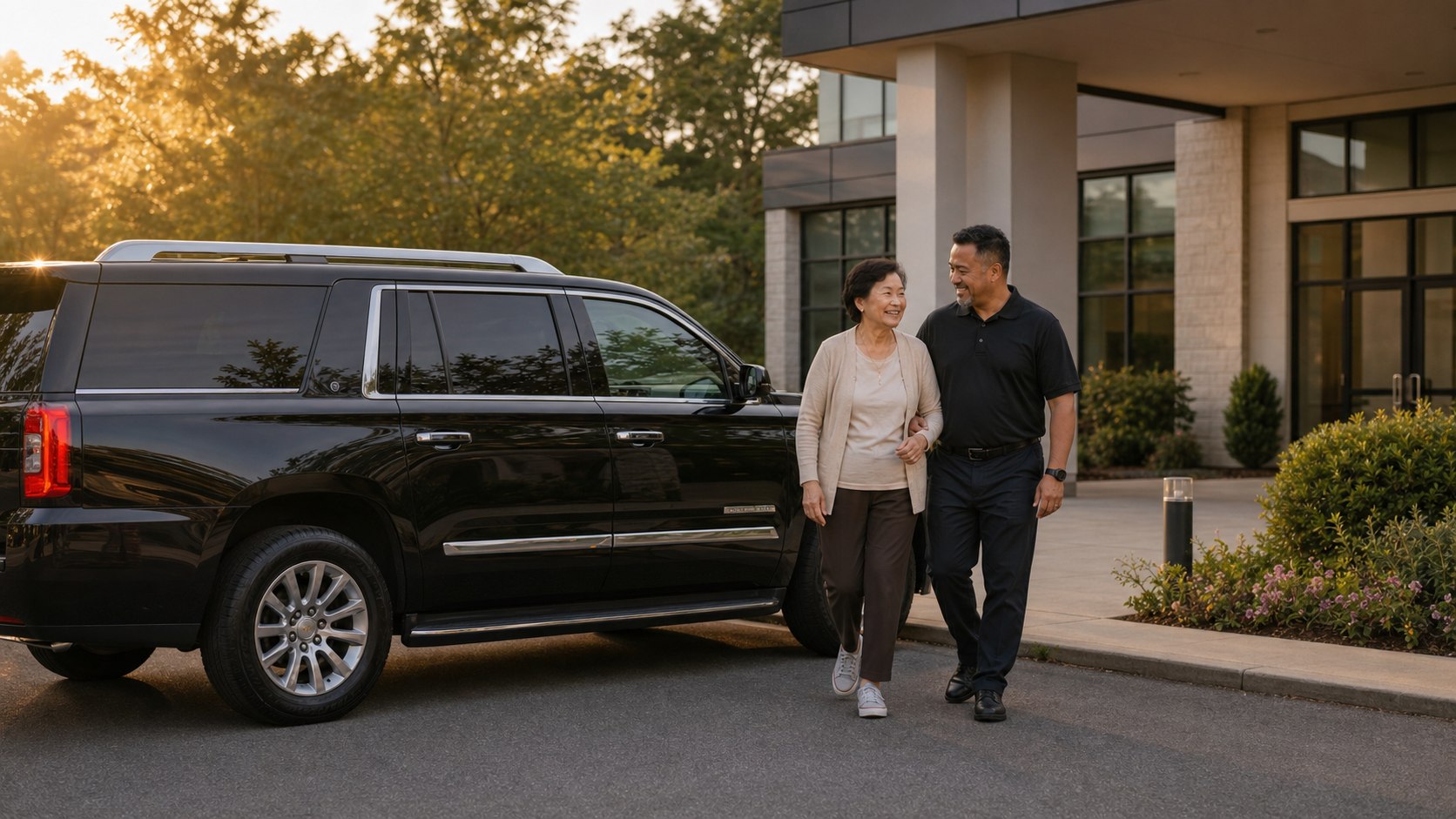An ambulatory passenger and professional chauffeur walking beside a black passenger SUV